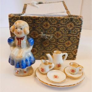 VNTG Little Porcelain Doll with Miniature Tea Party Set in Small Upholst…